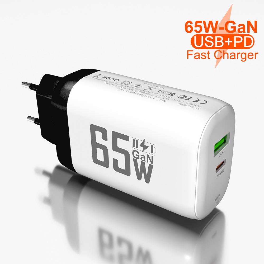 65W GaN Fast Charger: QC 3.0 & PD with 9V/12V for EU/US, Ideal for Laptops & USB Devices
