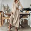Женская мода V-образный вырез длинный рукав карман однотонный молния повседневный отпуск длинные хлопково-льняные платья