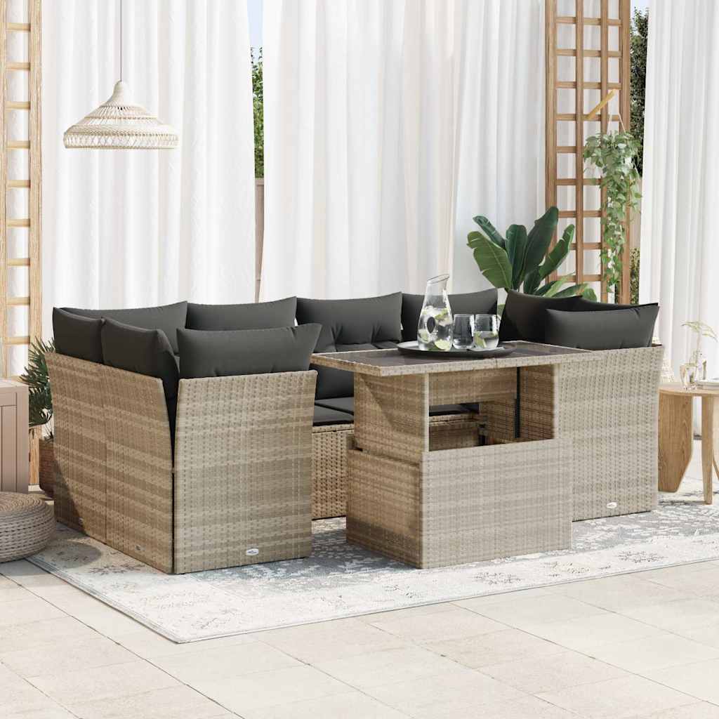 7 Piece Garden Sofa Set with Cushions Light Grey Poly Rattan