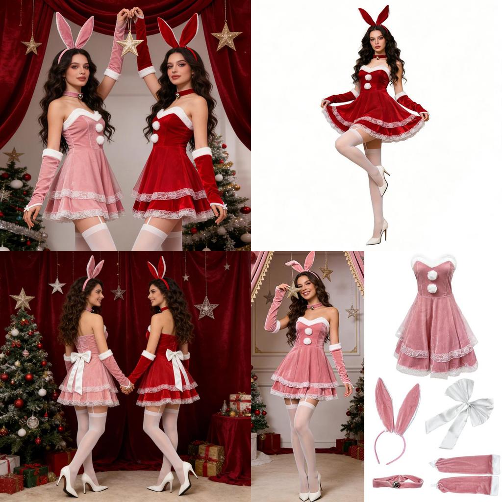Christmas Dress With Lace And Plush Ball Decoration For Holiday Cosplay And Events