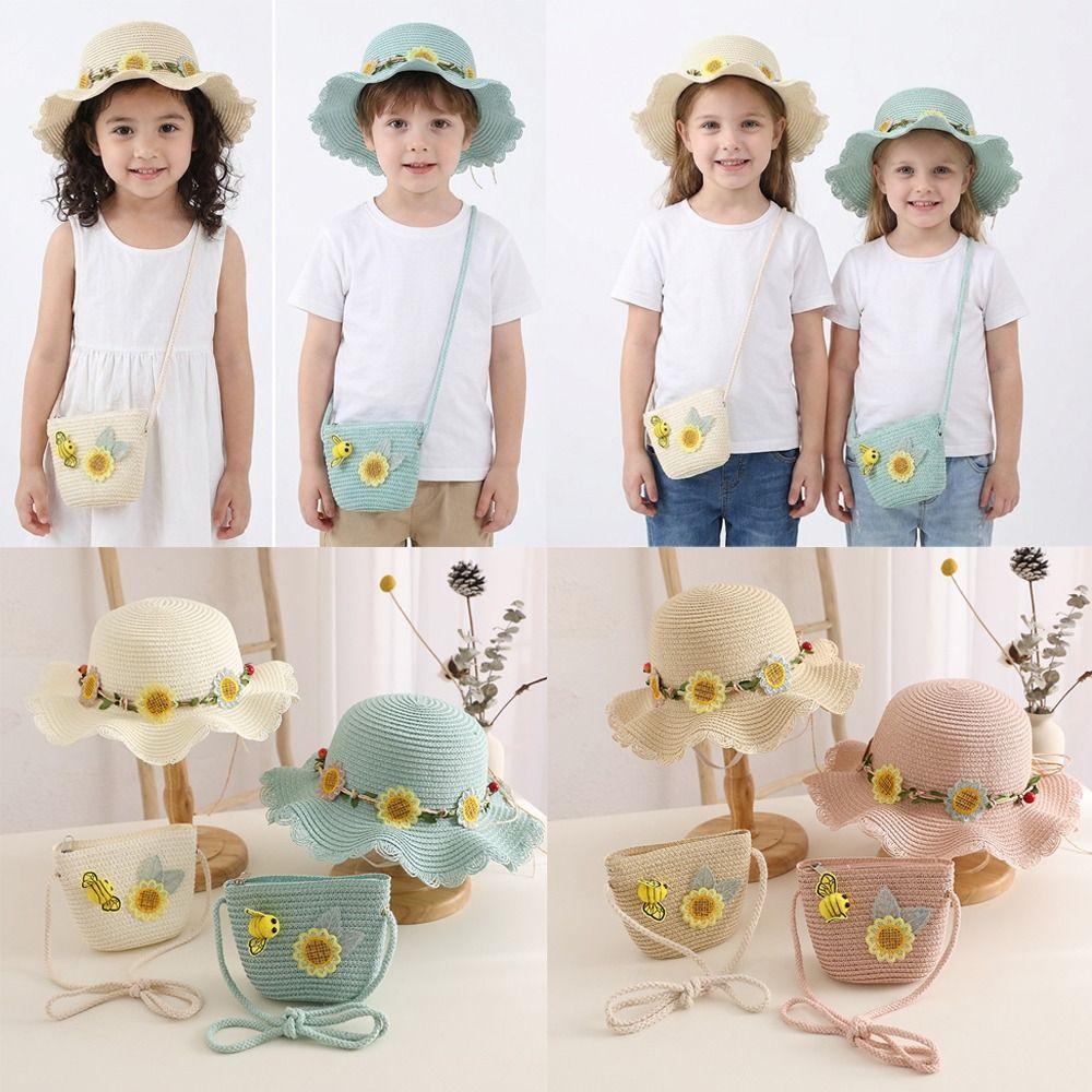 Sweet Kids Sun Straw Hat Sunflower Bee Toddler Outdoor Sun Hat Sun Protection Hat Bag for Girls