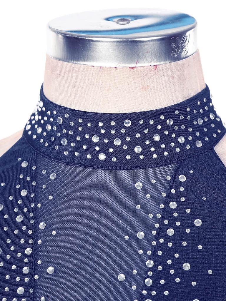 Womens Glittery Rhinestone Backless Dress Sheer Mesh Patchwork Design Mock Neck Lyrical Dance Leotard