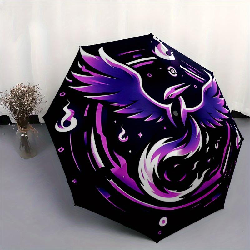1pc Purple Bird Art Fully Automatic Folding Portable Umbrella, 8 Iron Frames, Three-Fold Design, Suitable for All Seasons, Suitable for Outdoor U