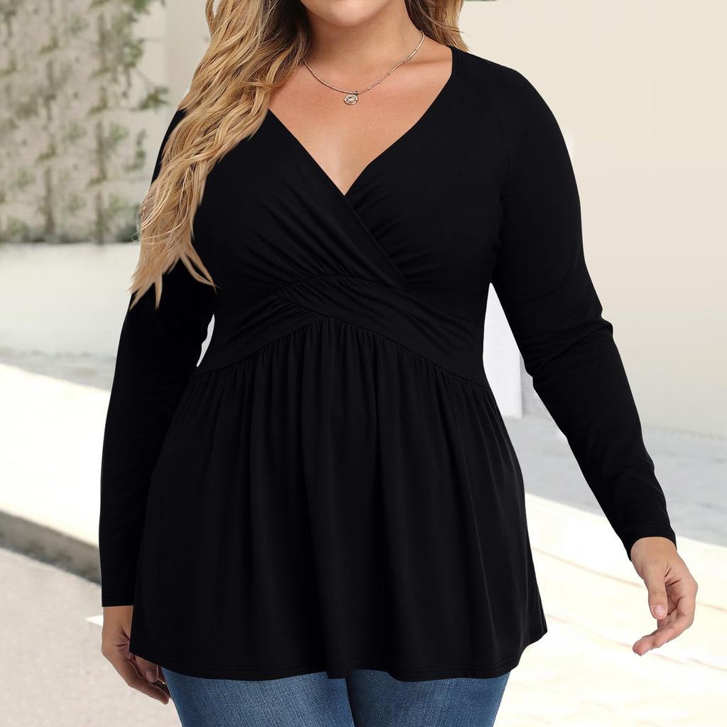 Женская рубашка большого размера с длинным рукавом, принт, плиссированный повседневный топ с V-образным вырезом