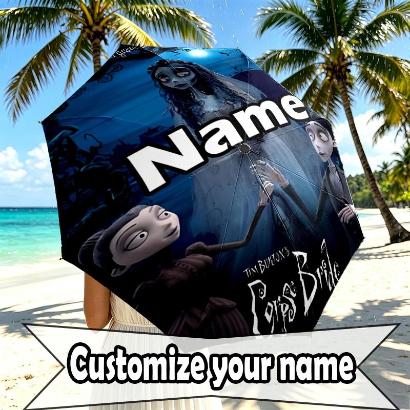 Custom Name Personalized Corpse Bride Print Umbrella, Auto Open Close, 8‑Rib Sturdy Frame, Commute Camping Hiking Use, Birthday Gift