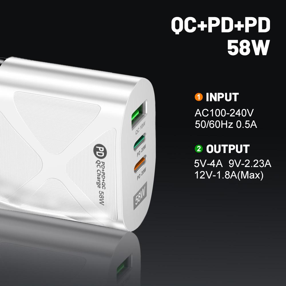 58W Dual Fast Charger with 2PD + QC3.0 for EU/US/UK/AU Plugs