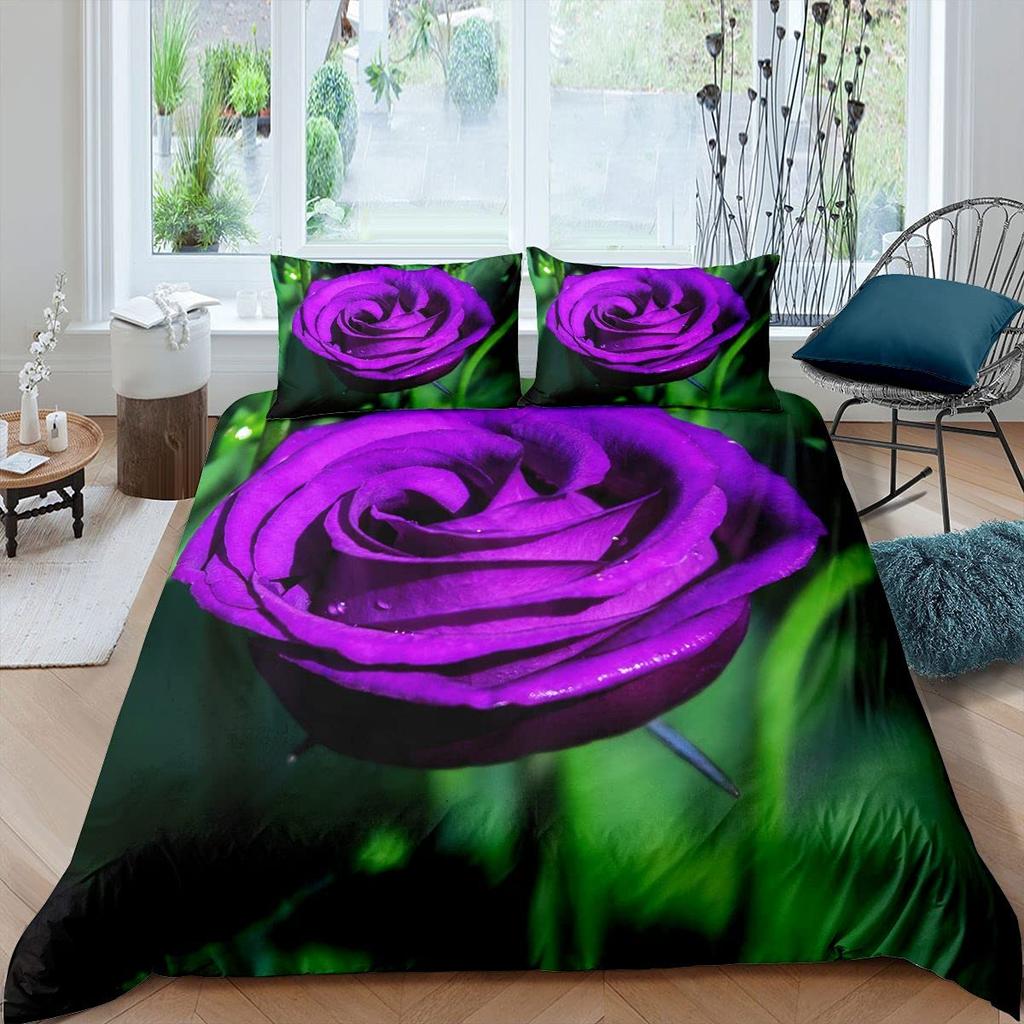 Purple Rose Duvet Cover Set Queen Size Romantic Flowers Bedding Set Valentine'S Day Floral Comforter Cover Lover Couple Gift