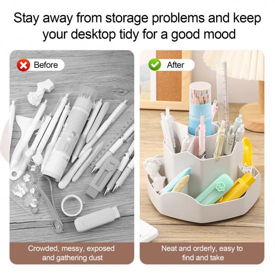 360-Degree Rotating Pen Holder Spinning Desk Organizer with 9 Tiered Compartments Multi-functional Makeup Brushes Holder for Office School Home