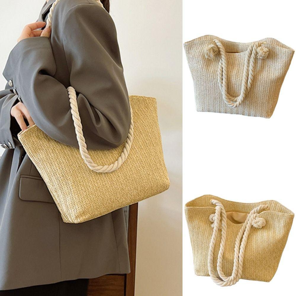 Solid Color Beach Handbag Bohemian Underarm Shoulder Bag Elegant Straw Tote Bag  Summer