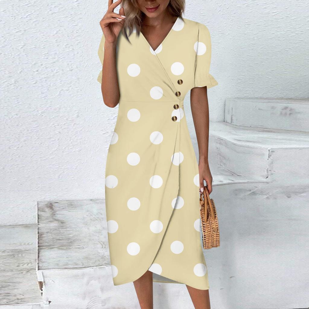 Женская пляжная юбка Элегантное весенне-летнее платье с v-образным вырезом и принтом в горошек Плиссированная длинная юбка