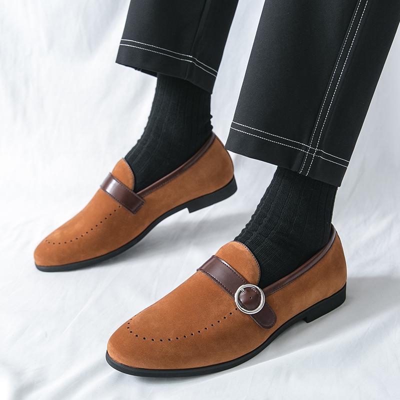 Fashion Trendy New Monk Strap Loafers New Men's Pointed Suede Leather Shoes Male Designer Formal Wedding Dress Homecoming Footwear