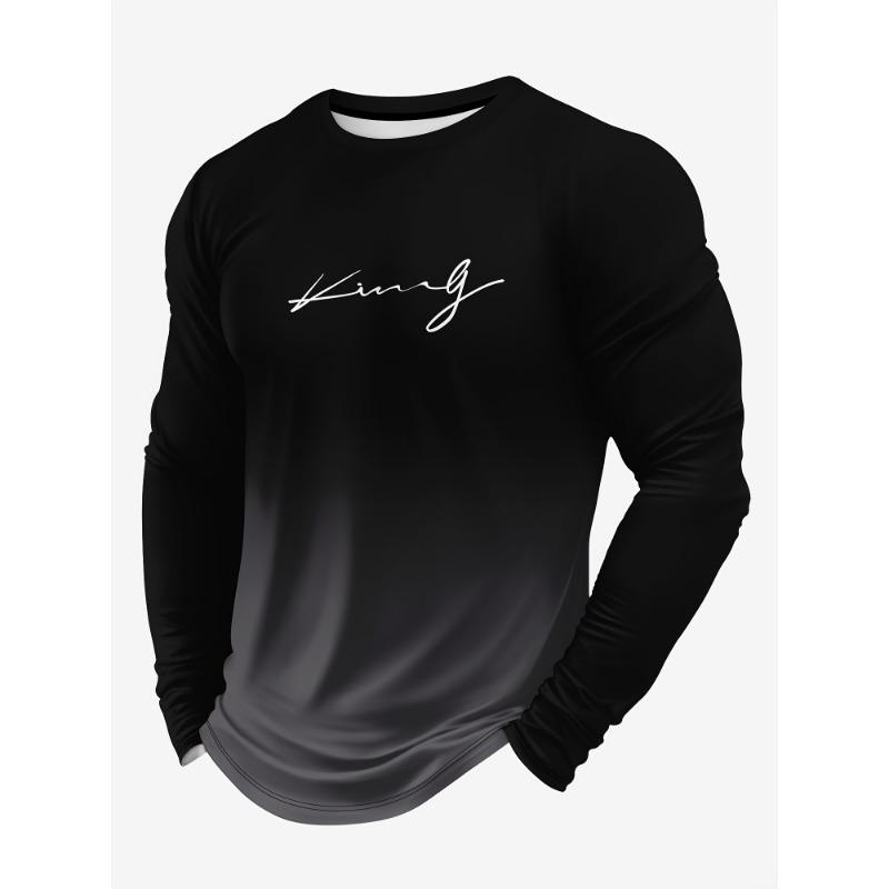 Men's Letters Print Gradient Color Long Sleeve Crew Neck T-shirt, Casual Comfy Tee As Gift