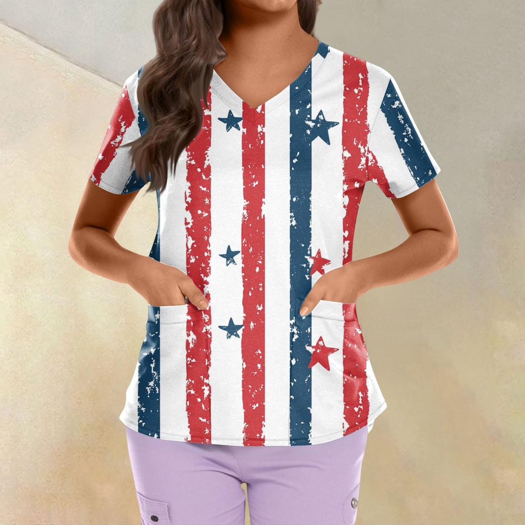 Plus Size Printed Scrub Working Uniform Tops For Women's Cross V Neck Independence Day Print Short Sleeve Fun T-Shirts Workwear Tee With Pockets