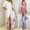 Women Fashion Print Long Sleeve Loose Slit Maxi Dresses Casual Button Down Dress