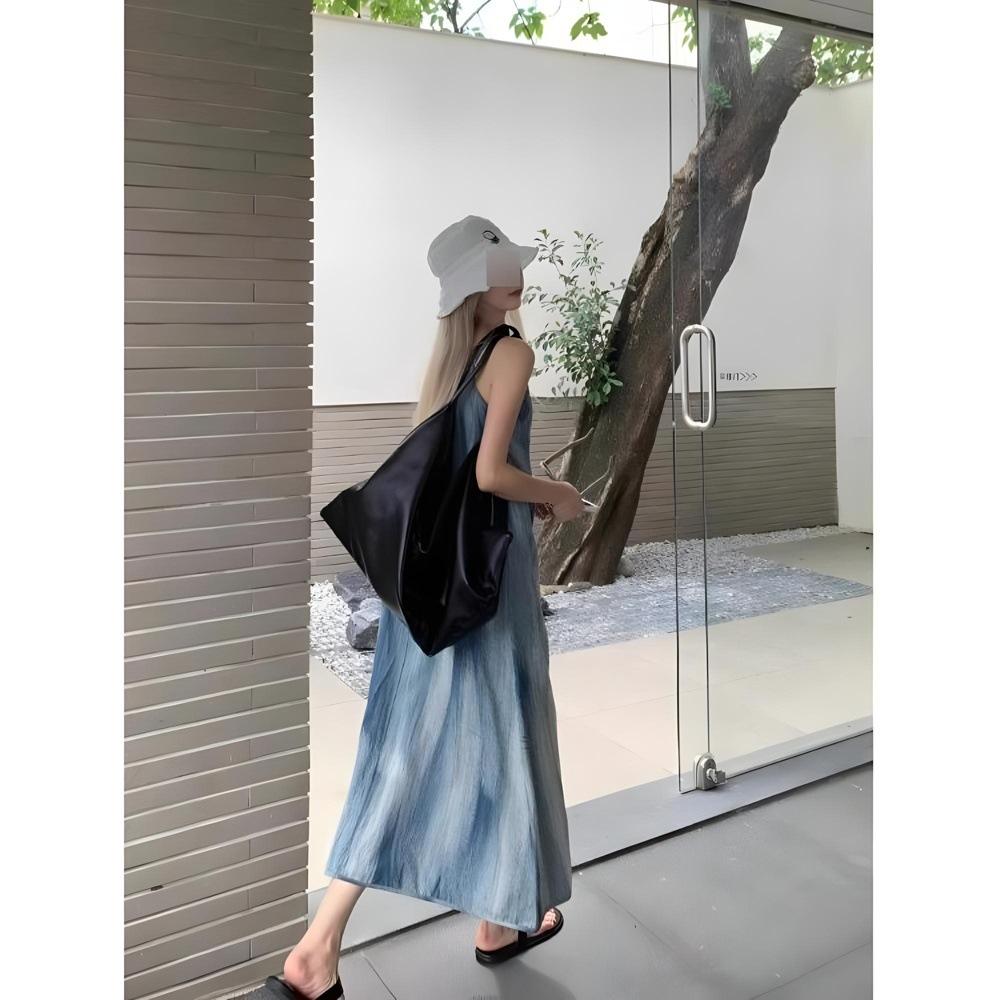 Винтажное синее платье-сарафан с разводами, женское летнее приморское свободное пляжное платье для отдыха