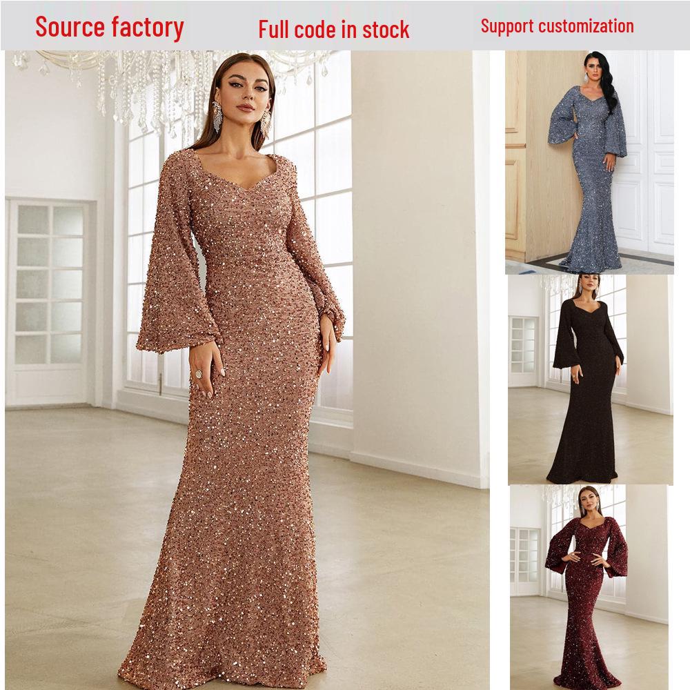 Вечернее платье с V-образным вырезом и рукавами-трубами, украшенное пайетками, 2025