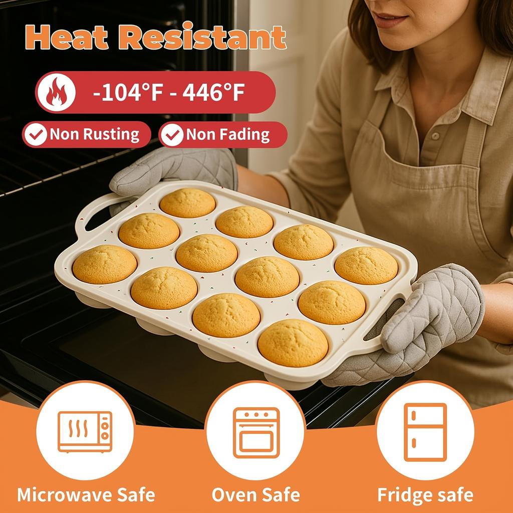 Silicone Muffin Baking Pan with Metal Support Structure, Featuring 12 Standard-Sized Non-Stick Cupcake Compartments, Perfect for Oven Use