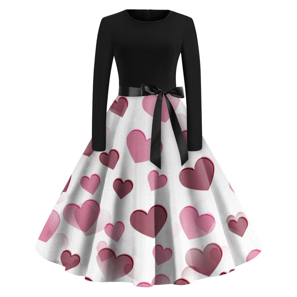 Женское винтажное классическое платье с длинным рукавом и принтом на День святого Валентина, свободное платье с круглым вырезом