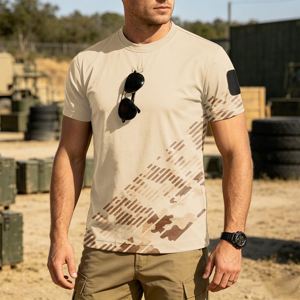 Men Tactical Crew Neck Loose Fit Breathable Outdoor Quick Dry T Shirt with Camouflage Print and Hook Loop Patch Design