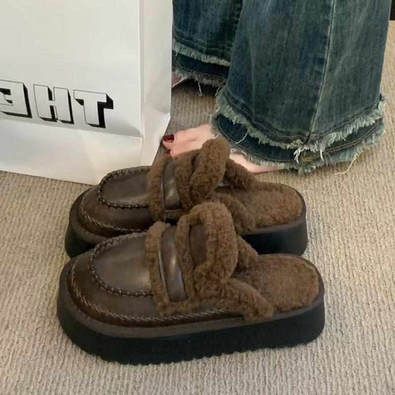 Женщины носят пушистые тапочки новые осенне-зимние плюшевые сноубутсы сумка голова полутапочки хлопковые мопы толстая подошва