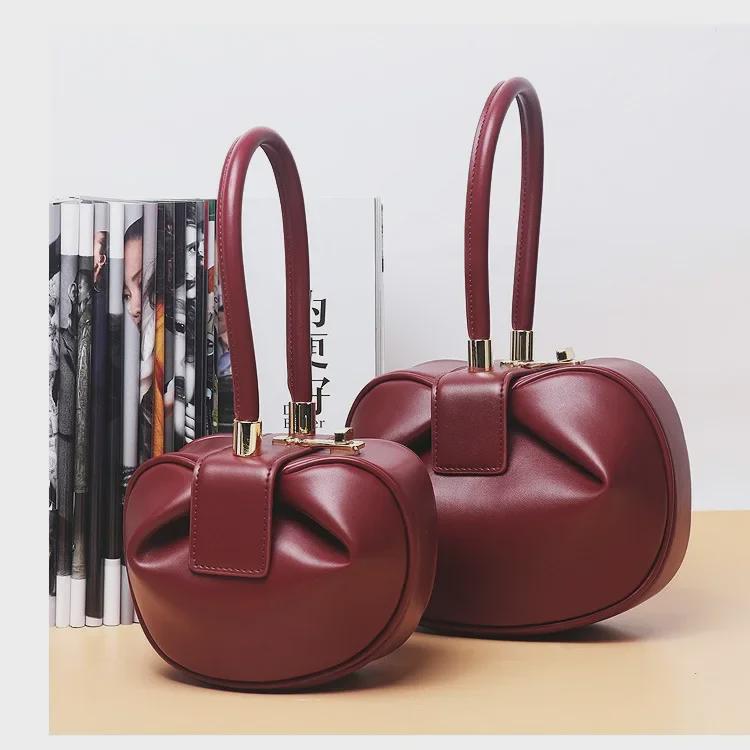 Genuine Leather Women's Wonton Bucket Handbag – Clutch, Shoulder Bag, Small Round Crossbody