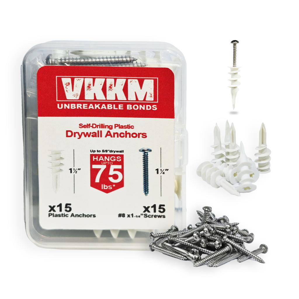VKKM #8 X 1-1/4'' Self-Drilling Zinc Plated Drywall Anchors with Screws - 30 To 240-Piece Pack for Heavy Duty Wall Mounting