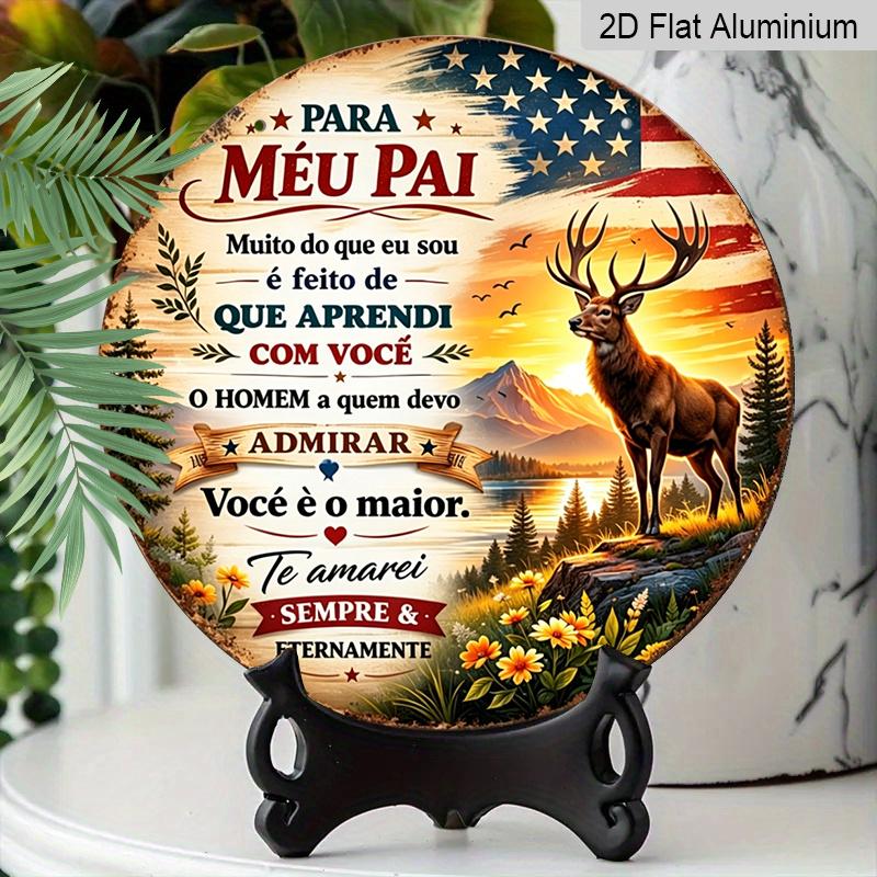 2D Flat, 1pc Portuguese Fathers Day Aluminum Sign, Vintage Deer Sunset Patriotic Design, "Para Meu Pai" Quote Decorative Sign for Home, Pub, Cabin