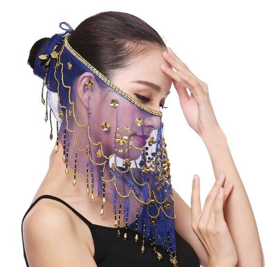 Performance Veil Flower Sequins Beads Decor See-through Lace Belly Dance Tribal Face Veil Breathable Fabric Adjustable Strap Indian Dance Veil