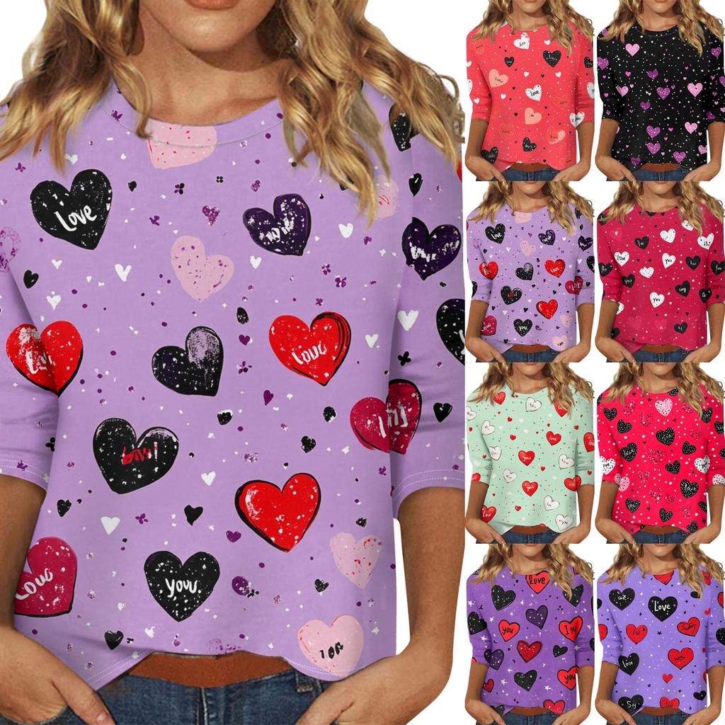 Женские топы с рукавом три четверти, рубашка на День святого Валентина, круглая горловина, свободная повседневная рубашка