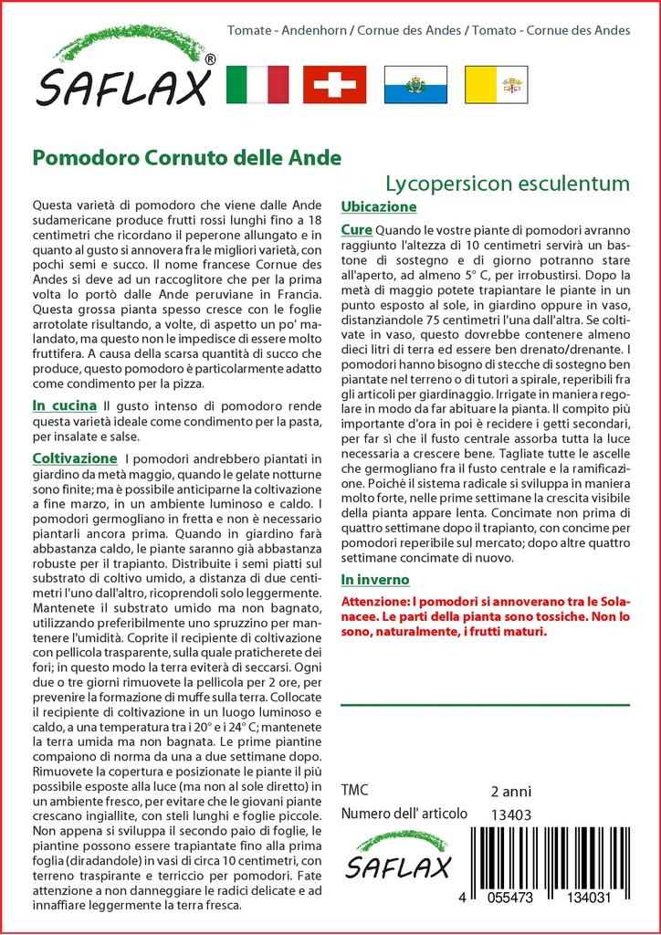 SAFLAX Помидор - Cornue des Andes - 10 семян - Lycopersicon esculentum