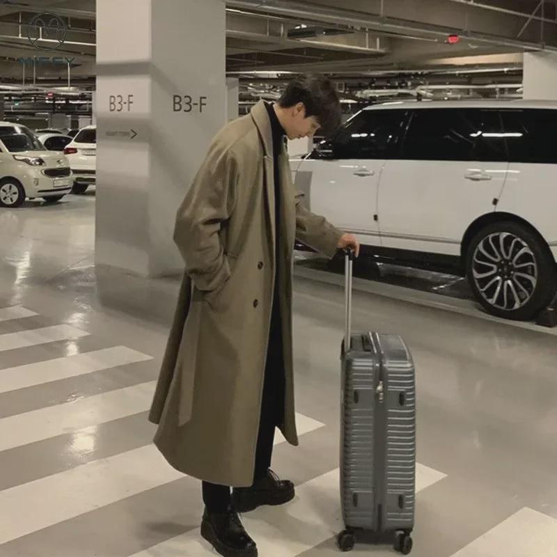 Мужская шерстяная ветровка средней длины в корейском стиле, длина до колена, свободный крой, весна/осень, модный британский дизайн