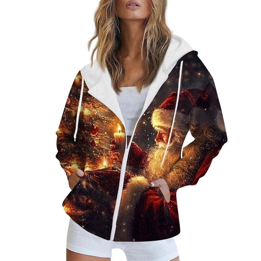 Women's Christmas Printed Sweatshirt Autumn Winter Long Sleeve Cardigan Jacket With Pockets Zipper Hoodie Outerwear