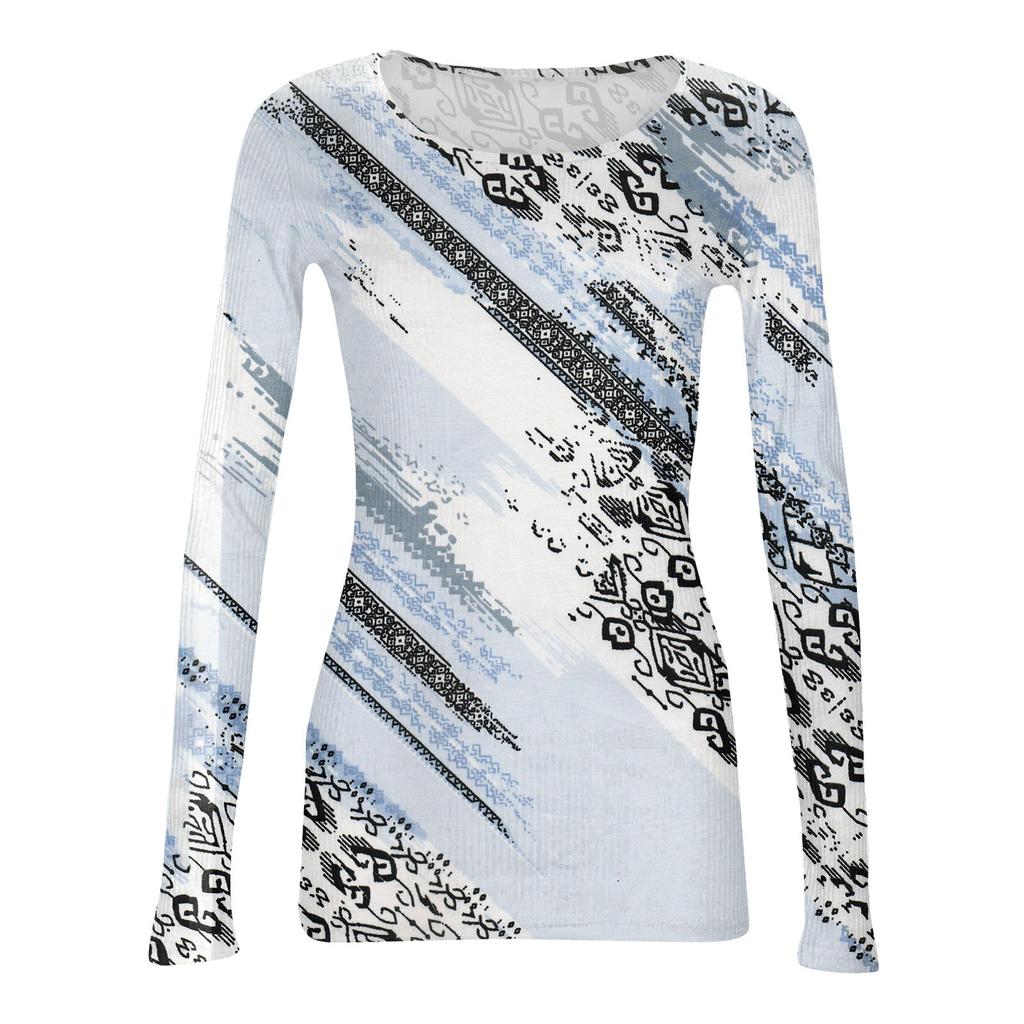 Женская и зимняя футболка с тонким низом, модная повседневная футболка с круглым вырезом и принтом, длинный рукав