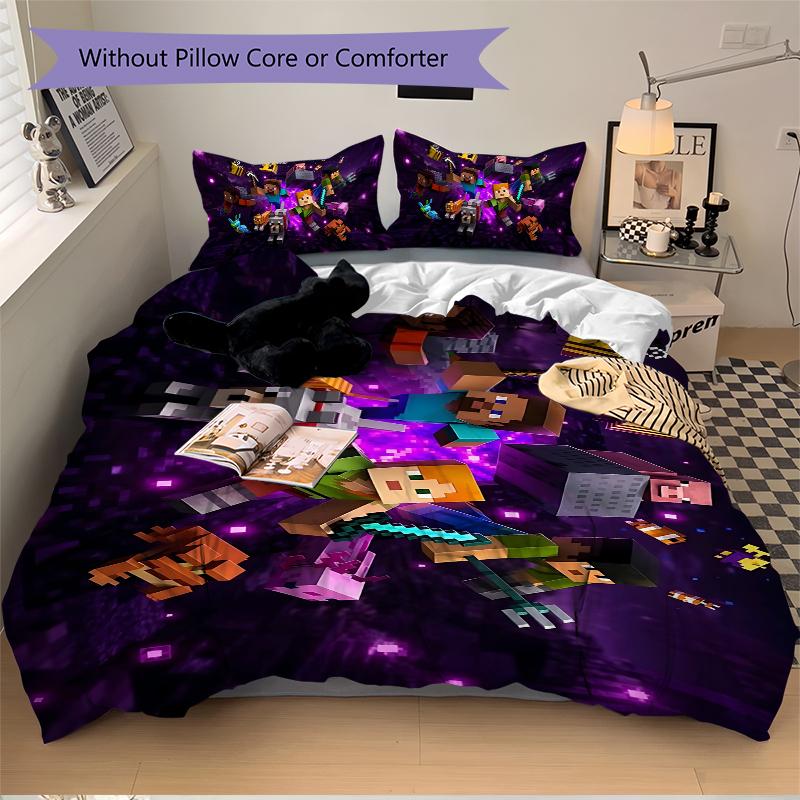 Minecraft End Dimension Adventure Printed 3pcs Bedding Set Soft Microfiber 1 Duvet Cover And 2 Pillowcases Home Bedroom Decor Xmas Gift Ek114