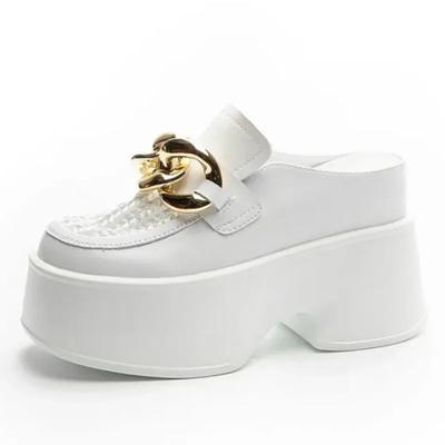 Мода 11см Воздушная сетка Натуральная кожа Платформа Клиновидные кроссовки Женские Дышащие Повседневные Полые Массивные Летние Шлепанцы Слайды Обувь