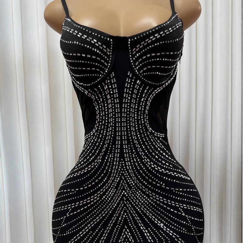 European and American style mesh yarn hot diamond suspender long dress low-cut sexy backless perspective hip skirt waist dress
