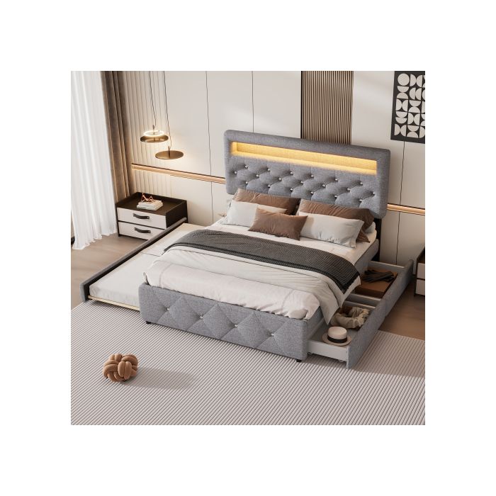 Lit rembourré - MUVOE - 140x200 cm - 2 tiroirs - Table de chevet avec lampe - Gris