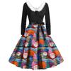 Women's Fashion Round Casual Slim Fit Christmas Print Large Swing Long Sleeve Dress