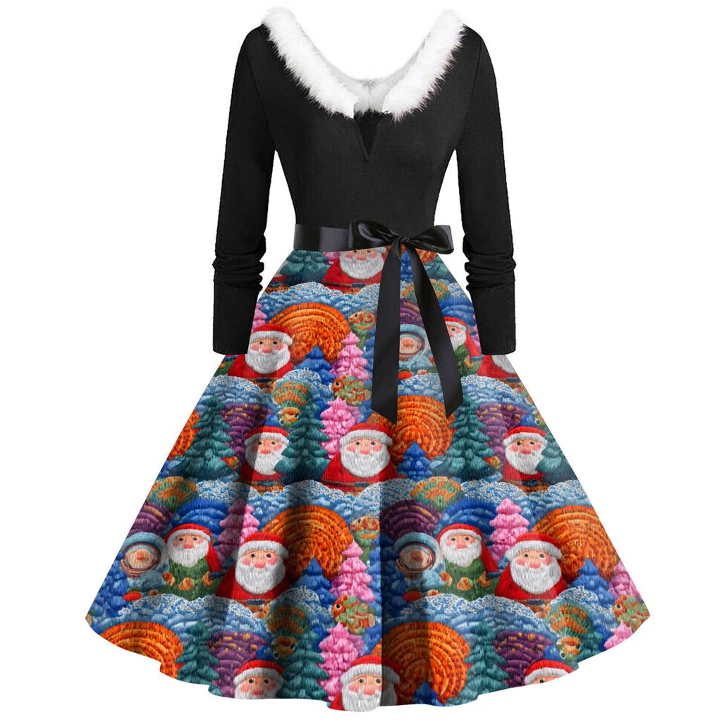Women's Fashion Round Casual Slim Fit Christmas Print Large Swing Long Sleeve Dress