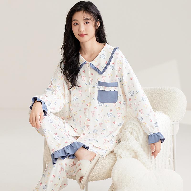 Женский хлопковый пижамный комплект осень-зима с отложным воротником, симпатичная пижама в стиле принцессы, женская домашняя одежда с длинным рукавом