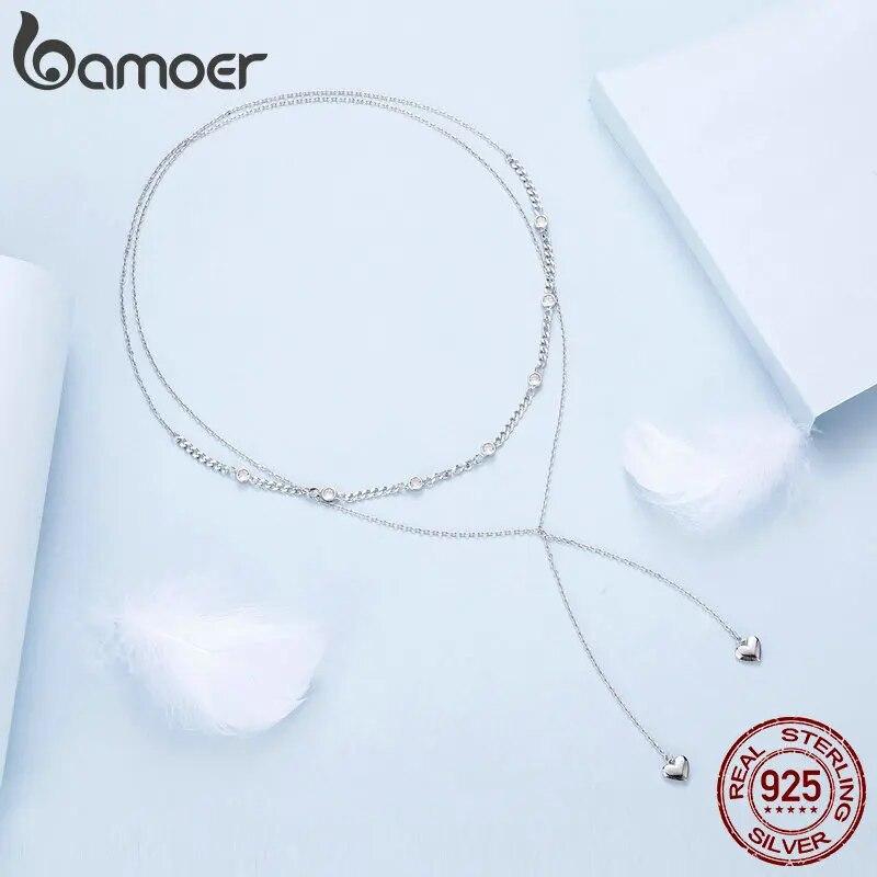 Ювелирные изделия BAMOER из стерлингового серебра 925 пробы, двухслойное ожерелье с сердечком любви, подвеска из белого золота, изысканное колье для женщин и девочек