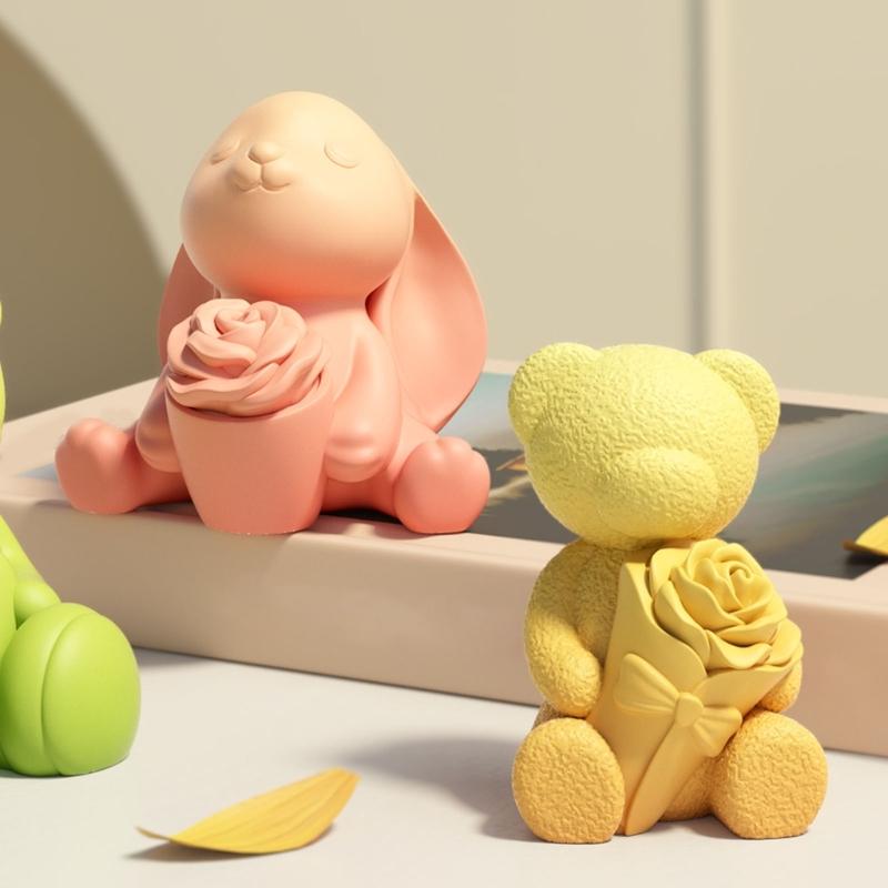 Rose Bunnies Bear Silicone Molds for Making Candle Soap Chocolate Candy Cake Fondant Decoration Gypsum Silicone Molds