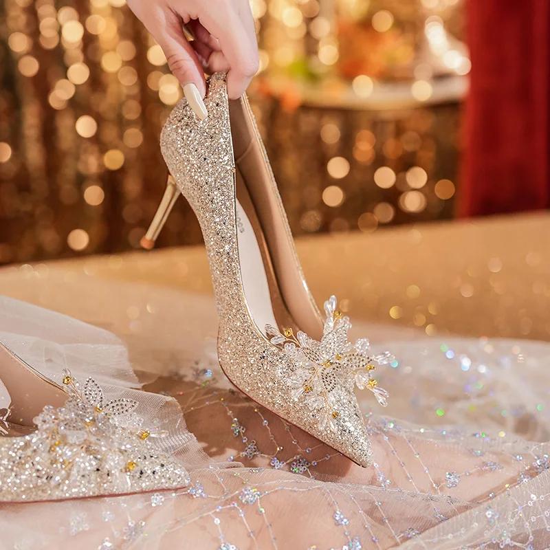 Spring Ladies Pumps Luxury Sequins Crystal Butterfly High Heel Single Shoes Women Dress Banquet Wedding Shoes