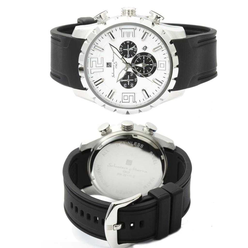 Salvatore Marra Chronograph Rubber Watch Men's 10 ATM Water Resistant Black & White Date Display with Cleaning Cloth