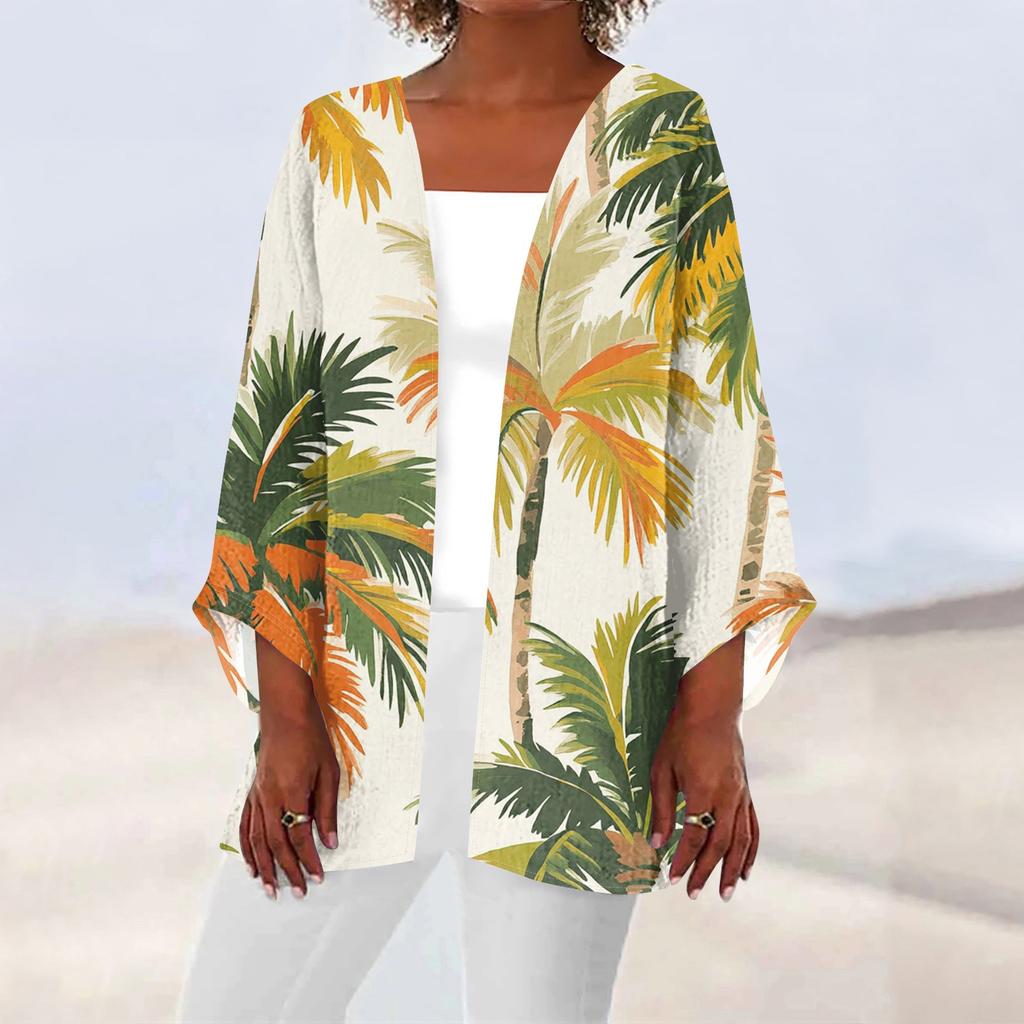 Women's Casual Fashion Beach Ocean Tree Print Lightweight Mid-Length Jacket Cardigan