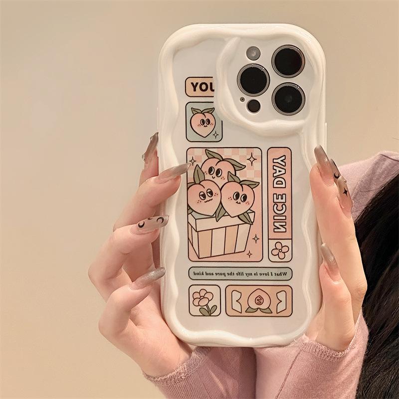 Чехол для iPhone Zhitai: 15Pro, 14, 13Pro, 11 | Кремовый мультяшный узор, Полностью закрывающий силикон