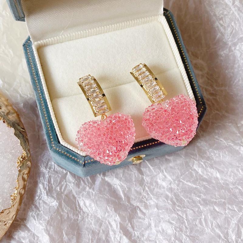 1 пара модных милых розовых висячих сережек в форме сердца для женщин, милые серьги с кристаллами, украшения для вечеринок, подарки для девочек