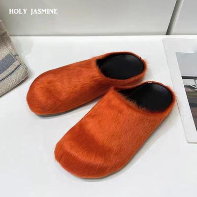 2024 Новые тапочки из натуральной кожи с мехом, женские туфли-мюли, подиумные туфли на плоской подошве, роскошные дизайнерские туфли из конского волоса для женщин