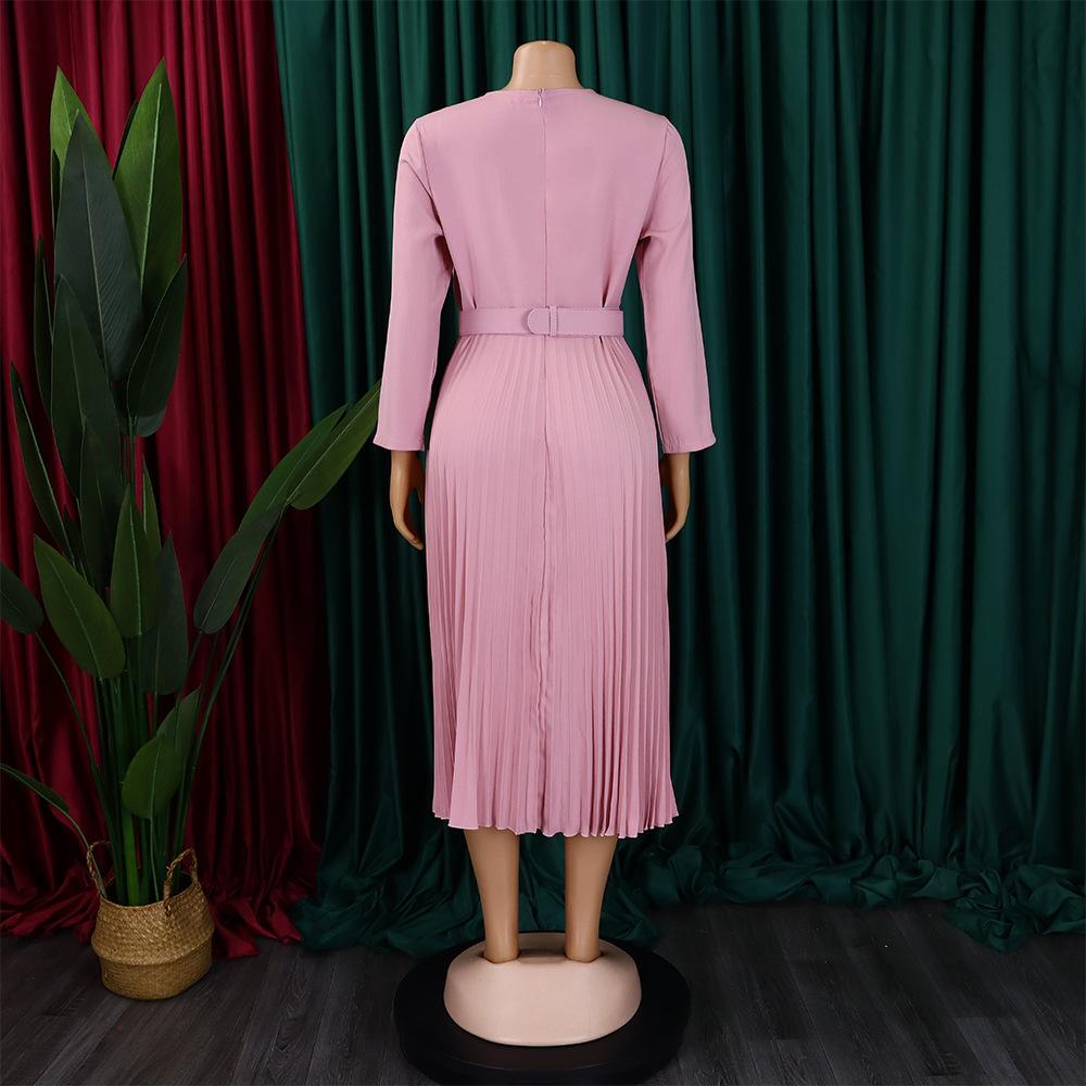 Women's Dress Spring and Autumn Temperament Elegant Pressed Pleated Commuter OL Solid Colour Plus Size Dresses