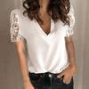 Летняя кружевная лоскутная блузка с V-образным вырезом и коротким рукавом, однотонная тонкая женская блузка